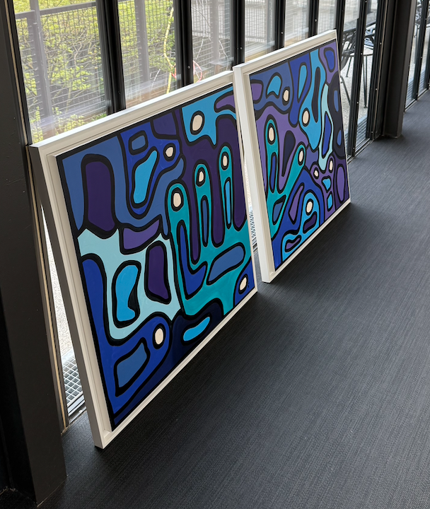 Blue and purple biomorphic diptych by Lina Sbai