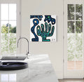 Blue biomorphic painting displayed in a bright interior by Lina Sbai