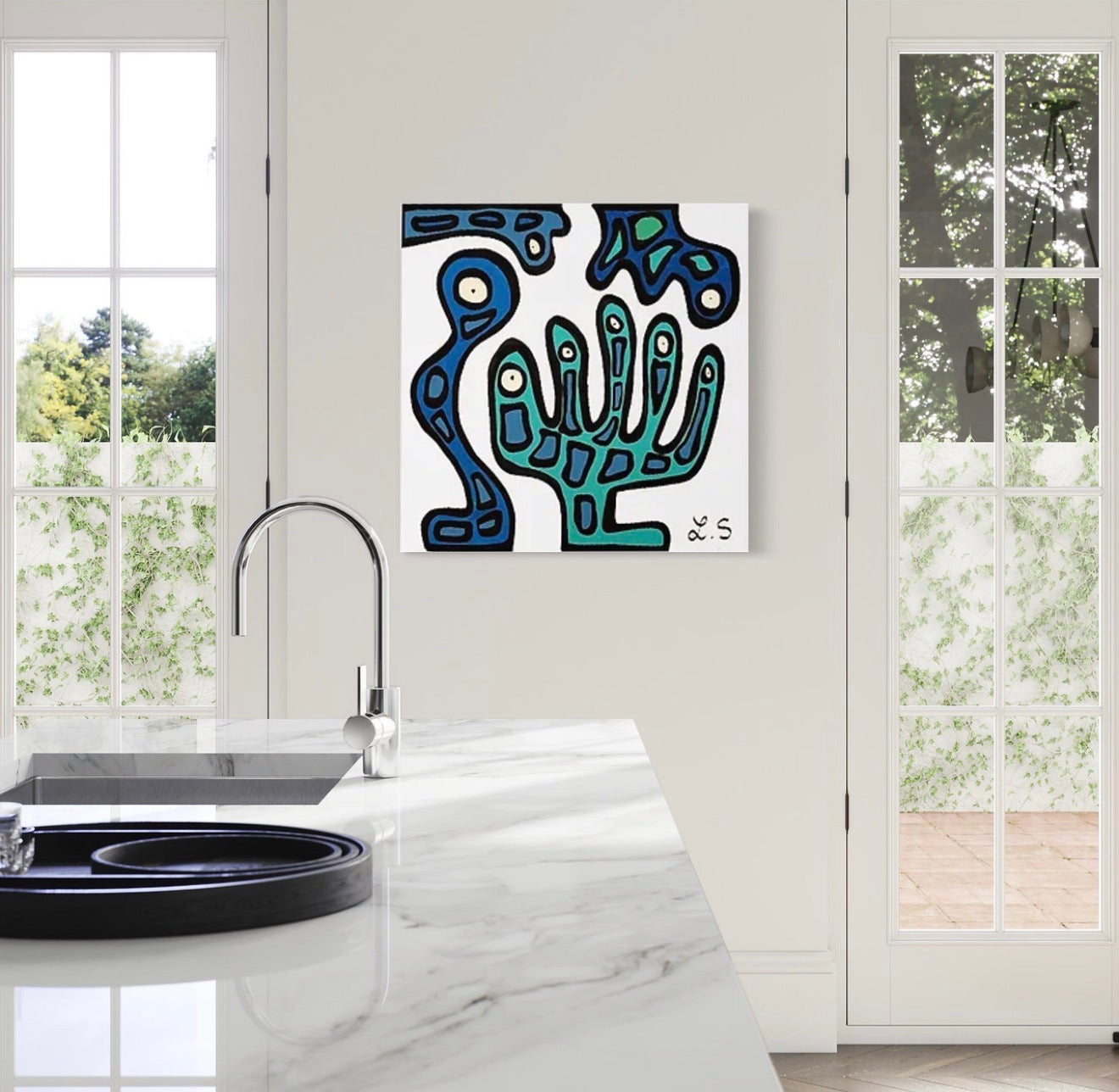 Blue biomorphic painting displayed in a bright interior by Lina Sbai
