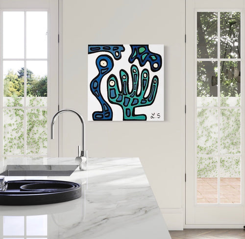 Blue biomorphic painting displayed in a bright interior by Lina Sbai