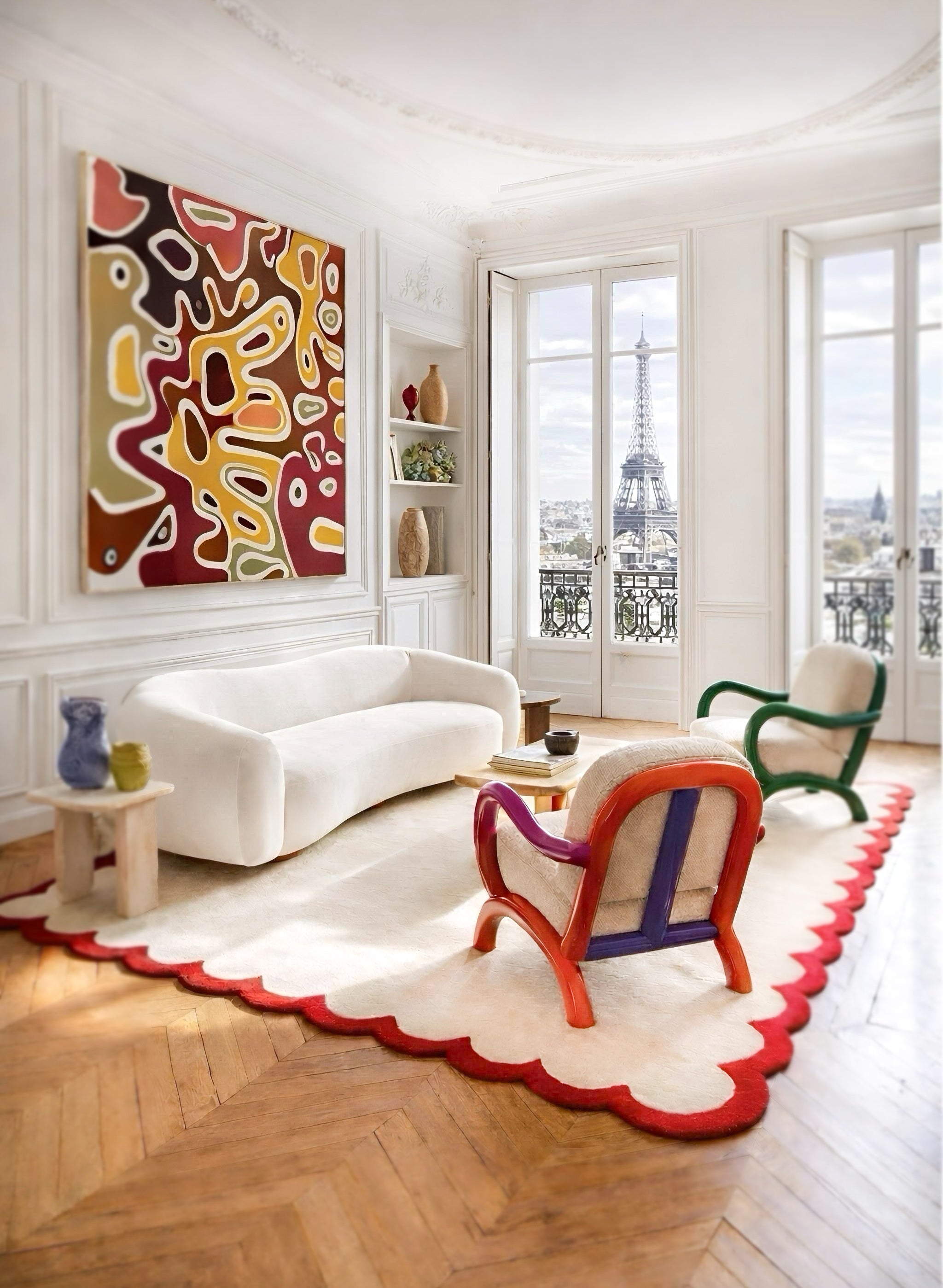Warm-toned biomorphic painting in a Paris apartment interior by Lina Sbai