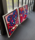 Red, pink and blue biomorphic diptych by Lina Sbai